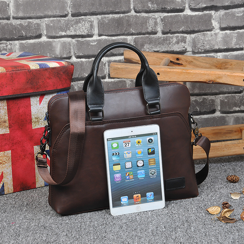 Business Casual Portable Briefcase, Fashion Trend Retro PU Leather Shoulder Bag, Computer File Bag_voghion.com